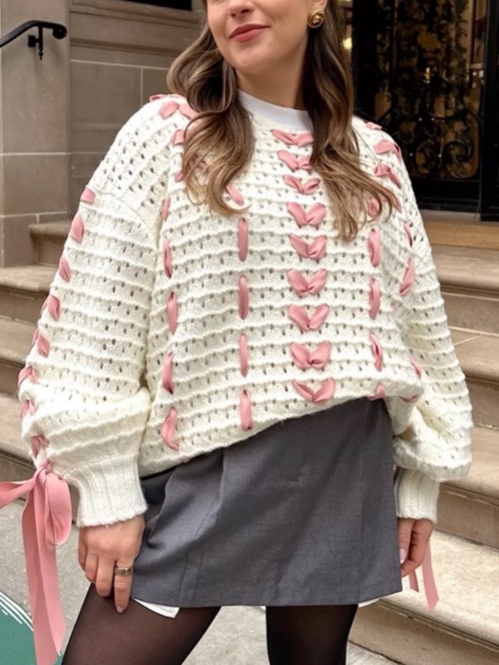 For Love & Lemons Laurel Oversized Cream & Pink Ribbon Sweater size small NEW - Picture 5 of 14